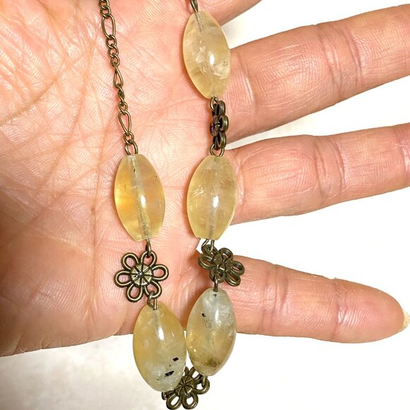 Natural Yellow Prehnite Necklace, Genuine Gemstones & Bronze Flower Chain - Picture 11 of 12
